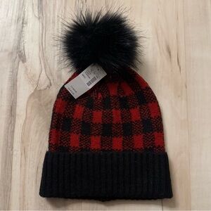 Maurices Red and Black Checkered Beanie with Pom Pom